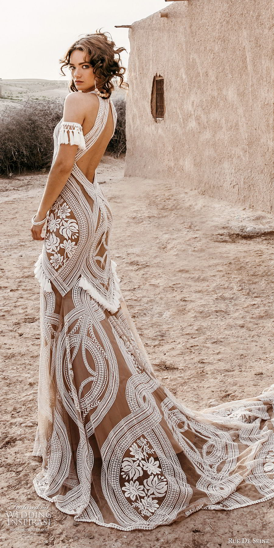 rue de seine 2019 bridal sleeveless halter neck fully embellished fit flare trumpet sheath lace wedding dress (3) boho chic nude color keyhole back chapel train sv