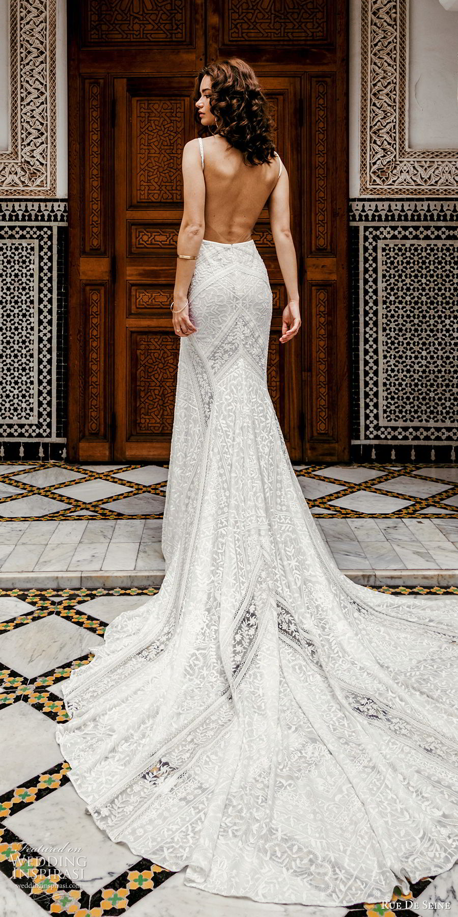 rue de seine 2019 bridal sleeveless thick straps deep v neckline lace fit flare sheath wedding dress (11) boho chic romantic open back chapel train bv