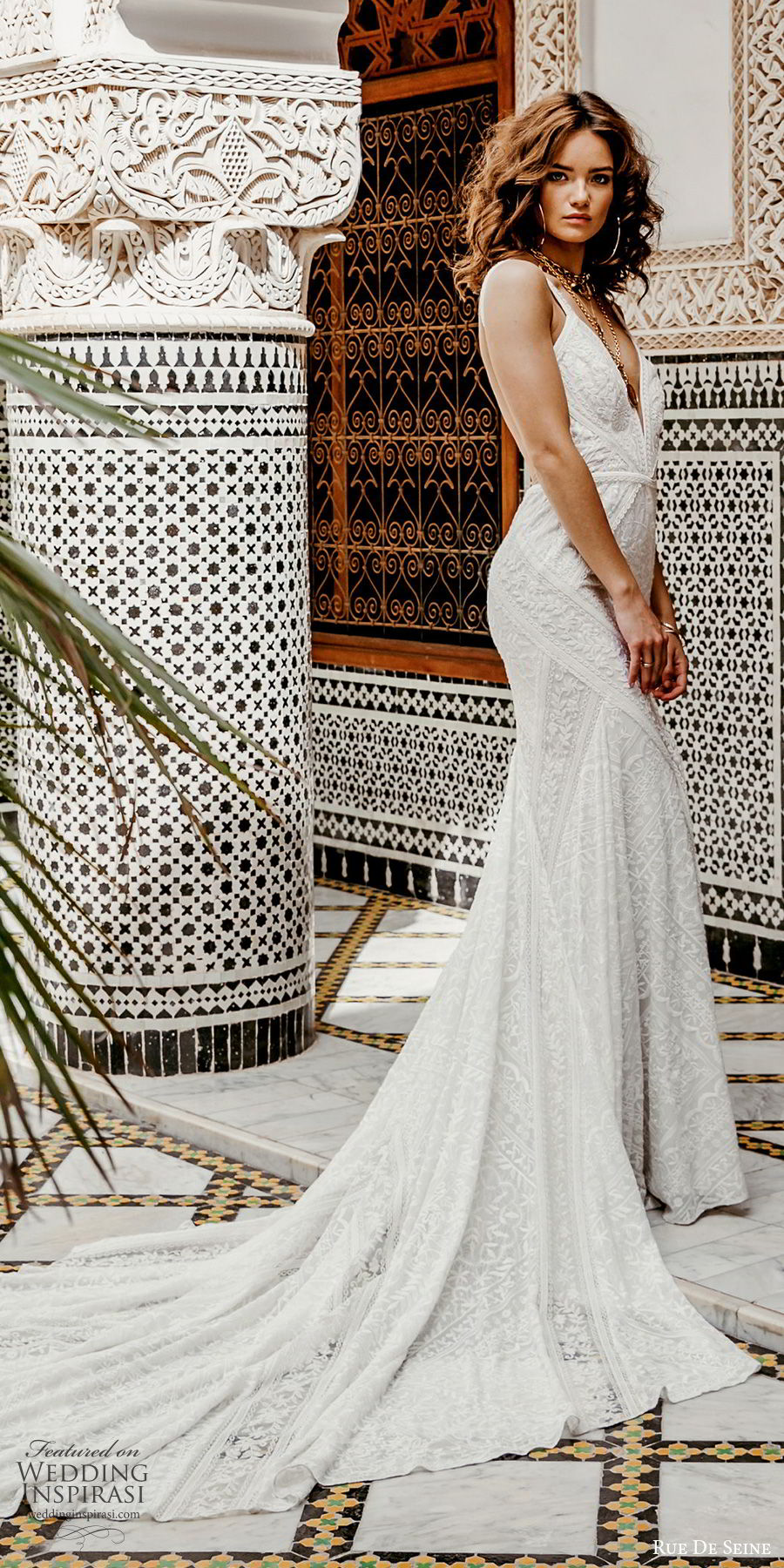 rue de seine 2019 bridal sleeveless thick straps deep v neckline lace fit flare sheath wedding dress (11) boho chic romantic open back chapel train mv