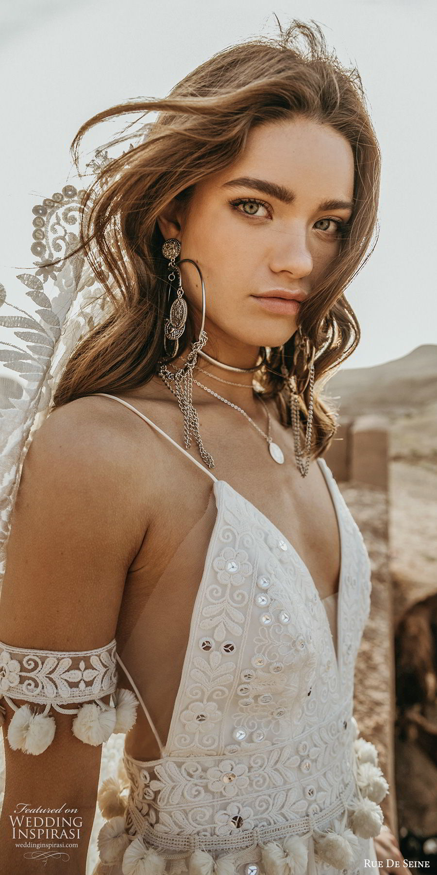 rue de seine 2019 bridal sleeveless thin straps deep sweetheart fully embellished lace modified a line sheath wedding dress (10) boho chic romantic chapel train zv