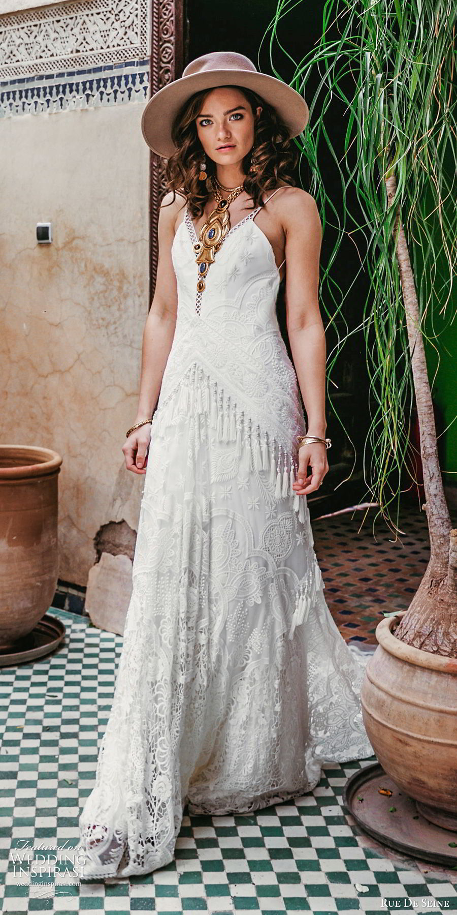 rue de seine 2019 bridal sleeveless thin straps plunging v neckline fully embellished lace modified a line wedding dress (18) boho chic romantic low back chapel train mv