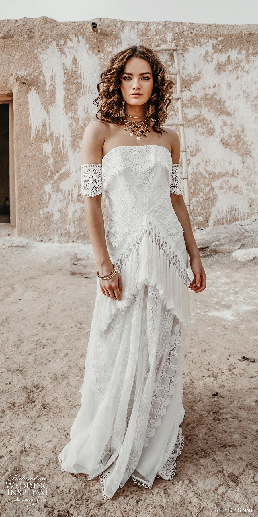 rue de seine 2019 bridal strapless straight across detached sleeves fully lace modified a line wedding dress (15) romantic boho chic chapel train mv