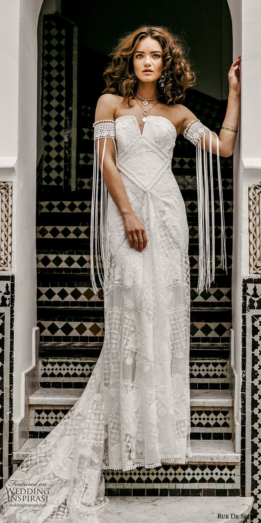 rue de seine 2019 bridal strapless straight across split neckline detached sleeves fully lace modified a line wedding dress (14) romantic boho chic chapel train mv