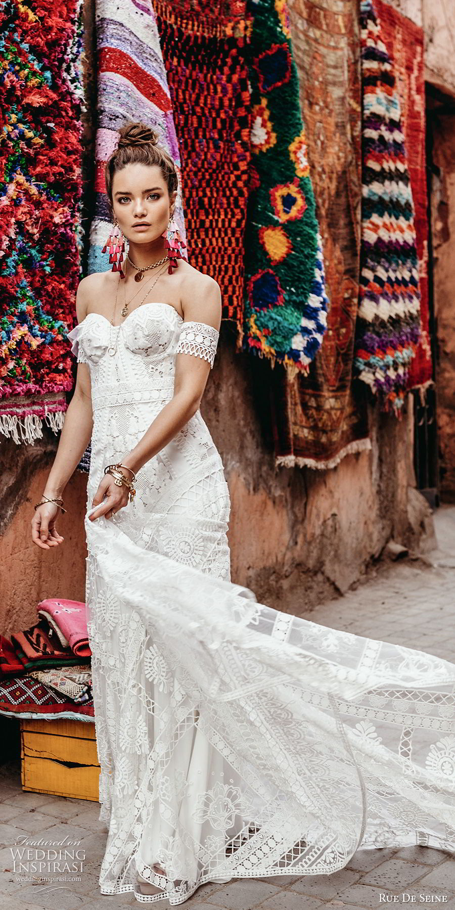 rue de seine 2019 bridal strapless sweetheart neckline detached short sleeves fully embellished crochet lace fit flare a line wedding dress (5) romantic boho chic chapel train mv