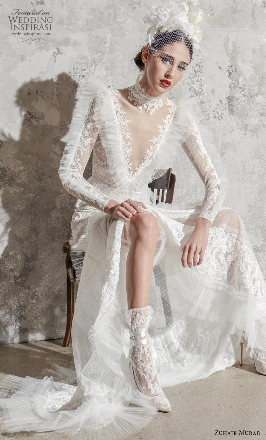 zuhair murad spring 2020 bridal long sleeves illusion high neck v neck full embellishment vintage spanish sheath wedding dress (12) mv