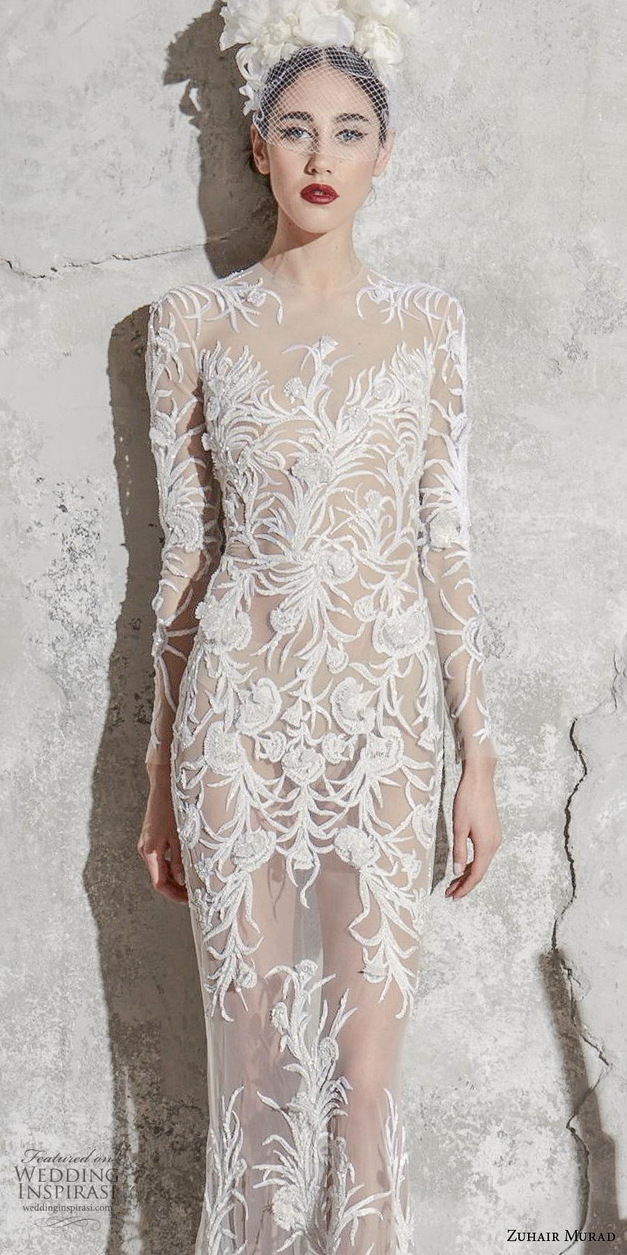 zuhair murad spring 2020 bridal long sleeves illusion jewel neckline full embellishment full sheer glamorous sexy sheath wedding dress (6) lv