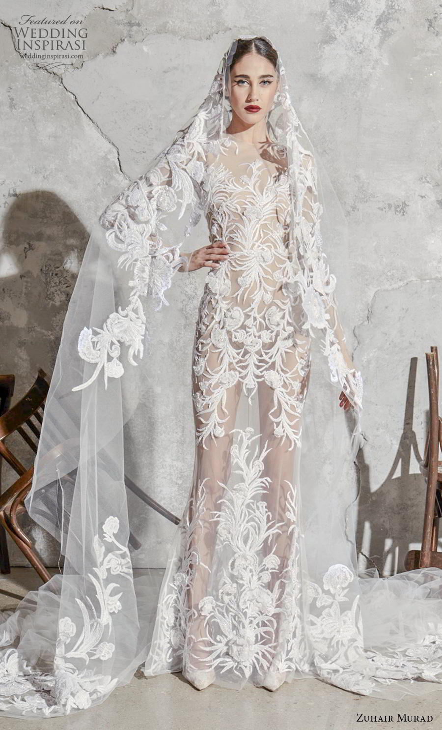 zuhair murad spring 2020 bridal long sleeves illusion jewel neckline full embellishment full sheer glamorous sexy sheath wedding dress (6) mv