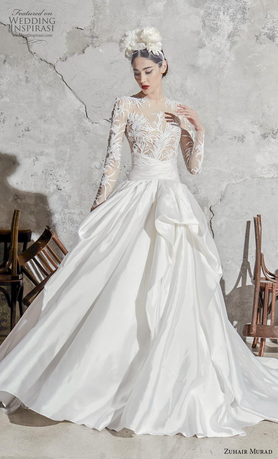 zuhair murad spring 2020 bridal long sleeves jewel neck sheer heavily embellished bodice satin skirt glamorous a  line wedding dress chapel train (7) mv