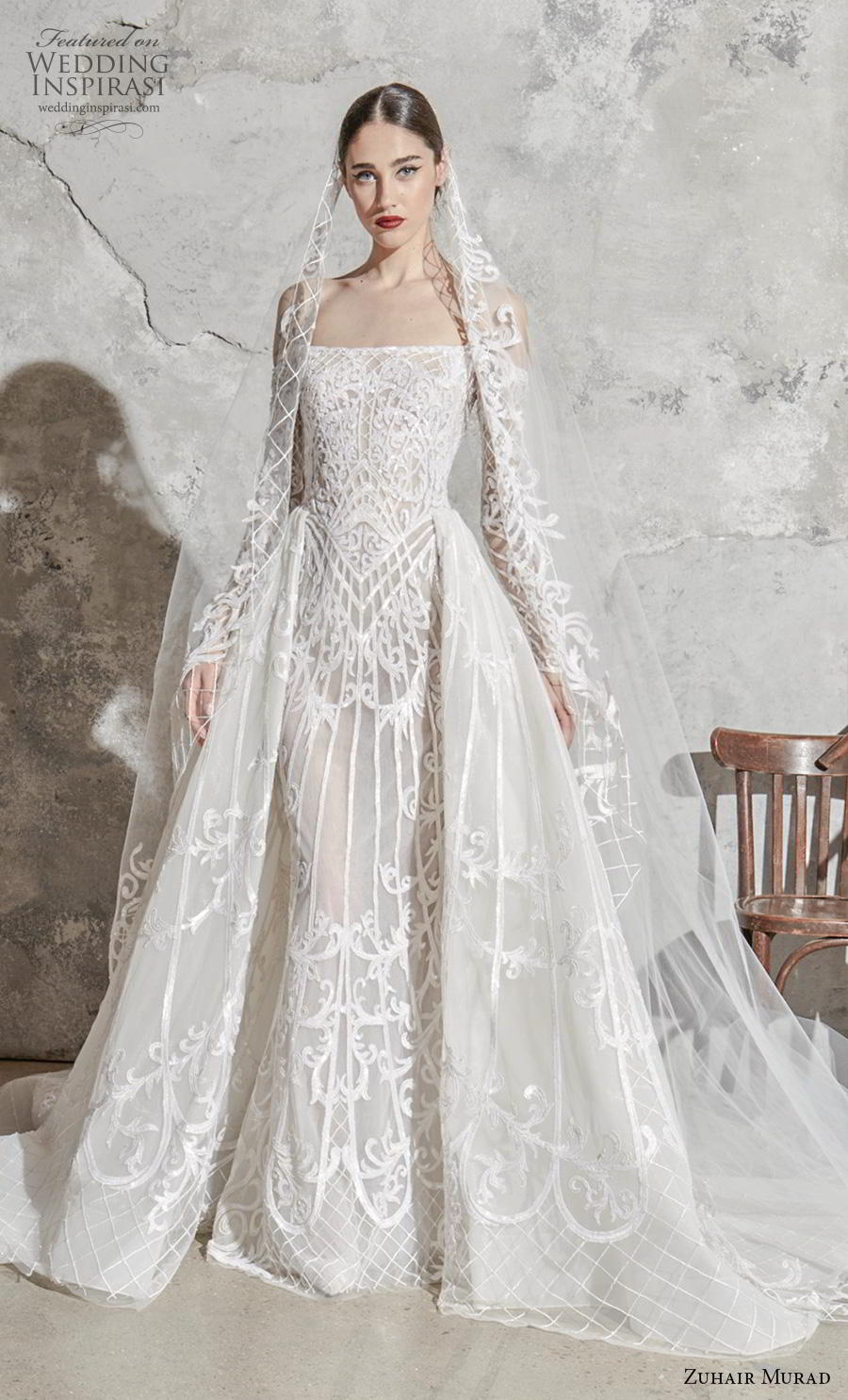 zuhair murad spring 2020 bridal long sleeves off the shoulder straight across neckline full embellishment glamorous princess a  line wedding dress overskirt chapel train (5) mv