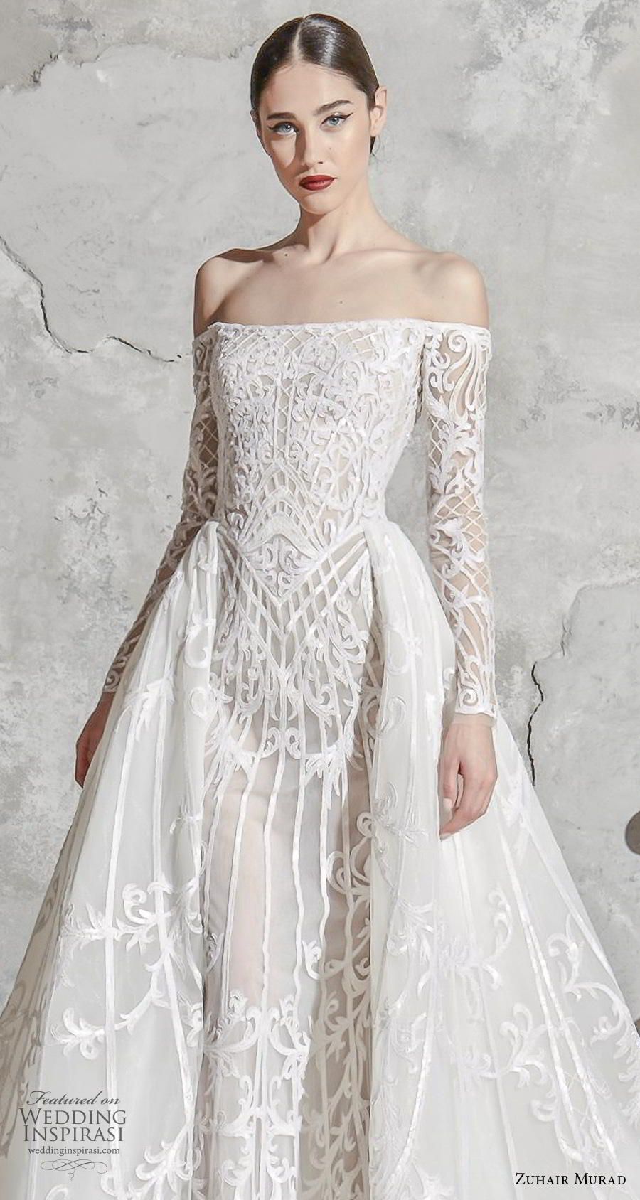 zuhair murad spring 2020 bridal long sleeves off the shoulder straight across neckline full embellishment glamorous princess a  line wedding dress overskirt chapel train (5) zv