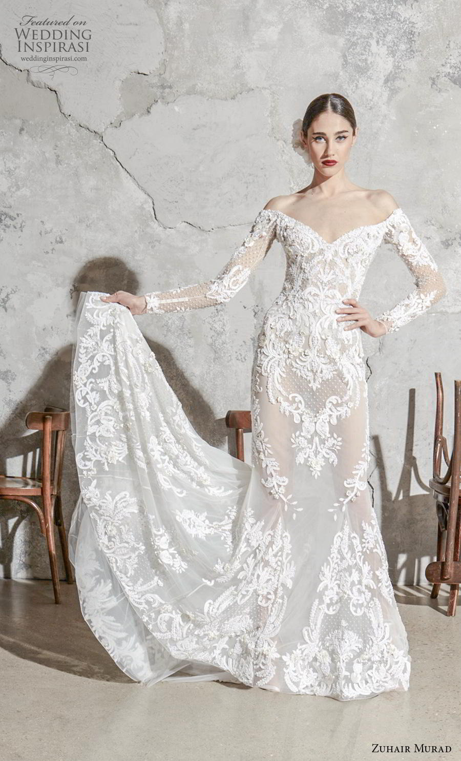 zuhair murad spring 2020 bridal long sleeves off the shoulder v neck full embellishment elegant fit and flare mermaid wedding dress chapel train (3) mv 