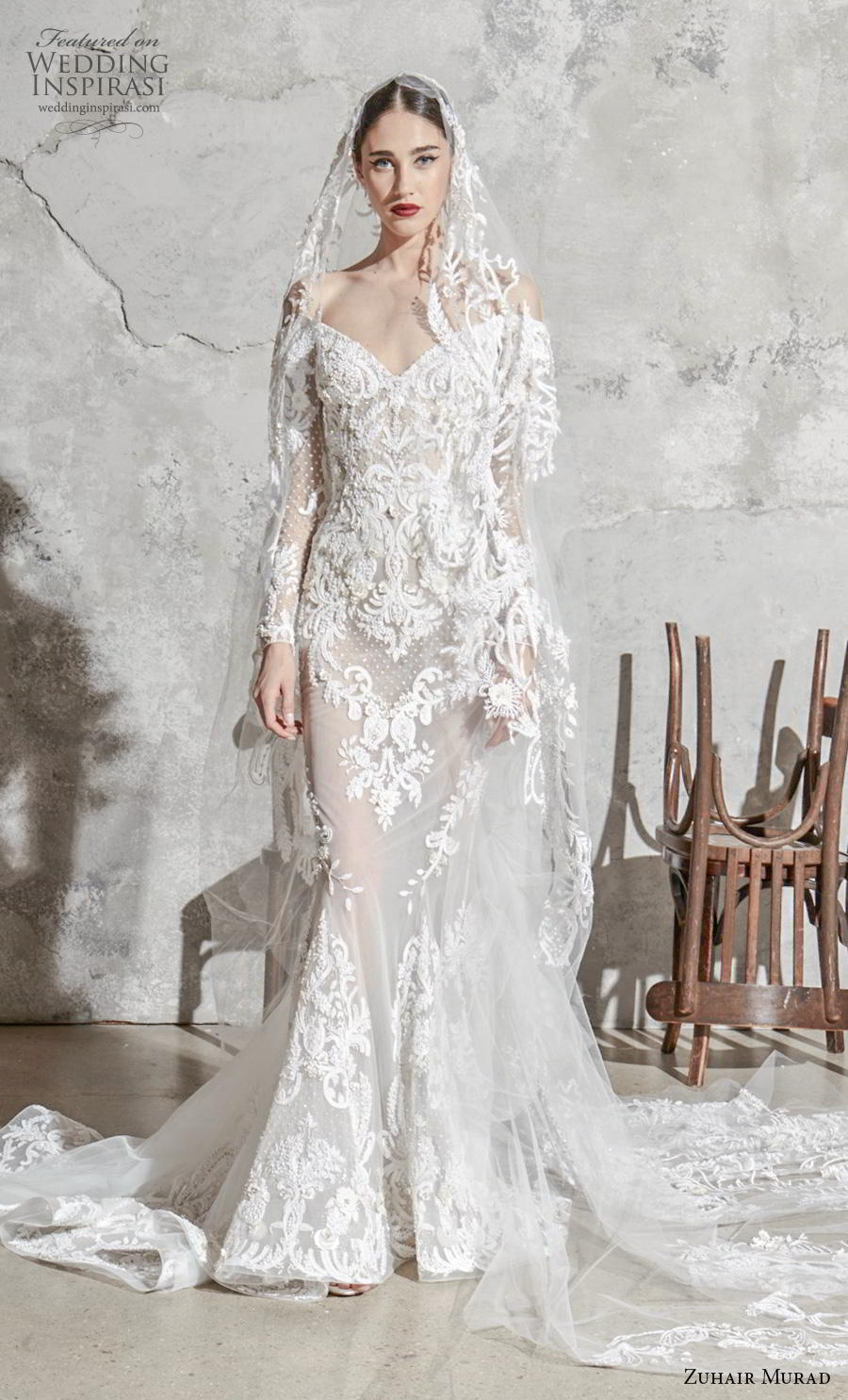 zuhair murad spring 2020 bridal long sleeves off the shoulder v neck full embellishment elegant fit and flare mermaid wedding dress chapel train (3) mv