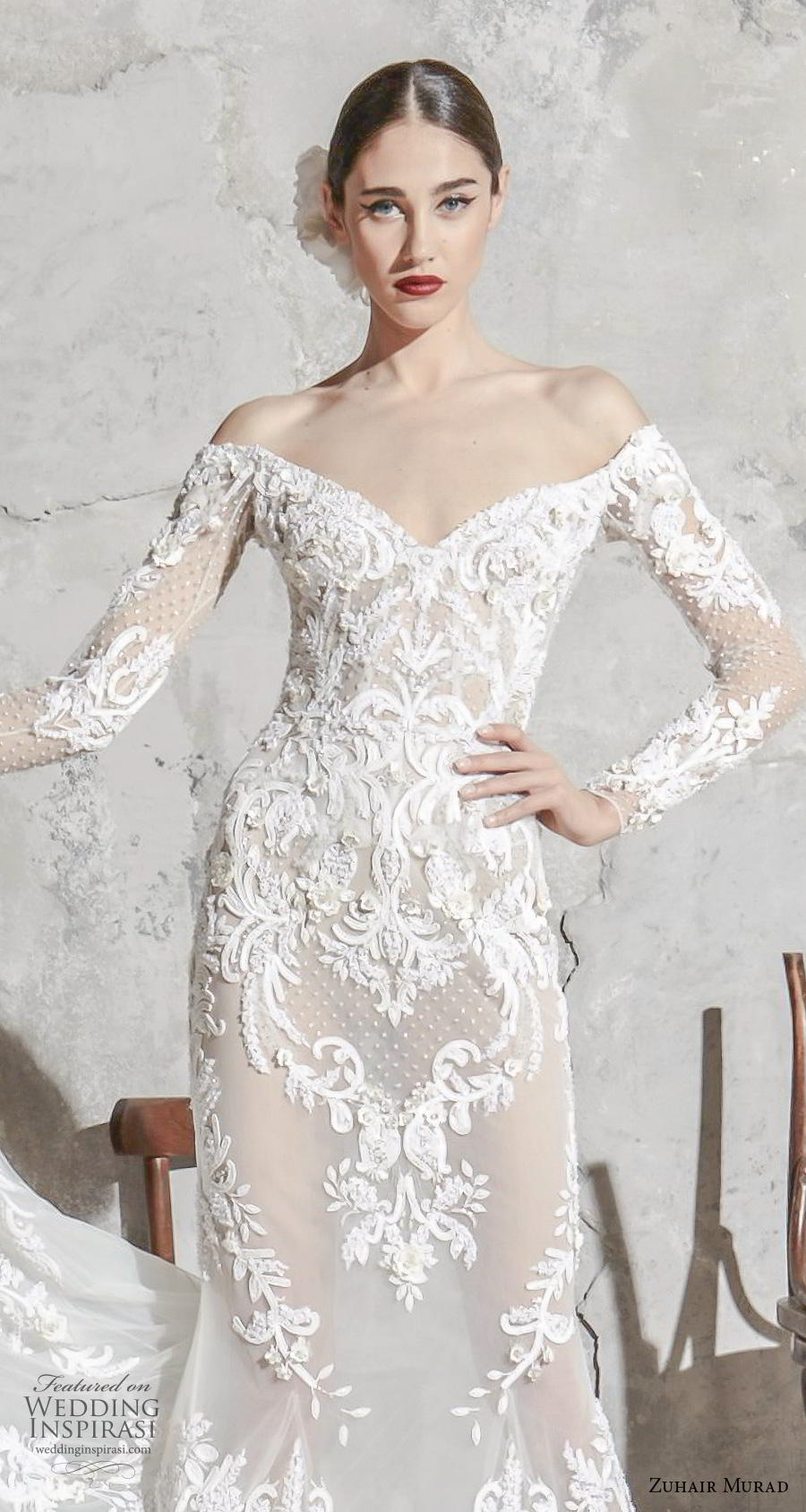 zuhair murad spring 2020 bridal long sleeves off the shoulder v neck full embellishment elegant fit and flare mermaid wedding dress chapel train (3) zv 