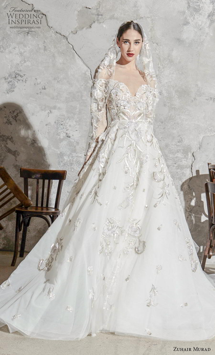 zuhair murad spring 2020 bridal long sleeves sweetheart neckline heavily embellished bodice elegant princess a  line wedding dress chapel train (2) mv