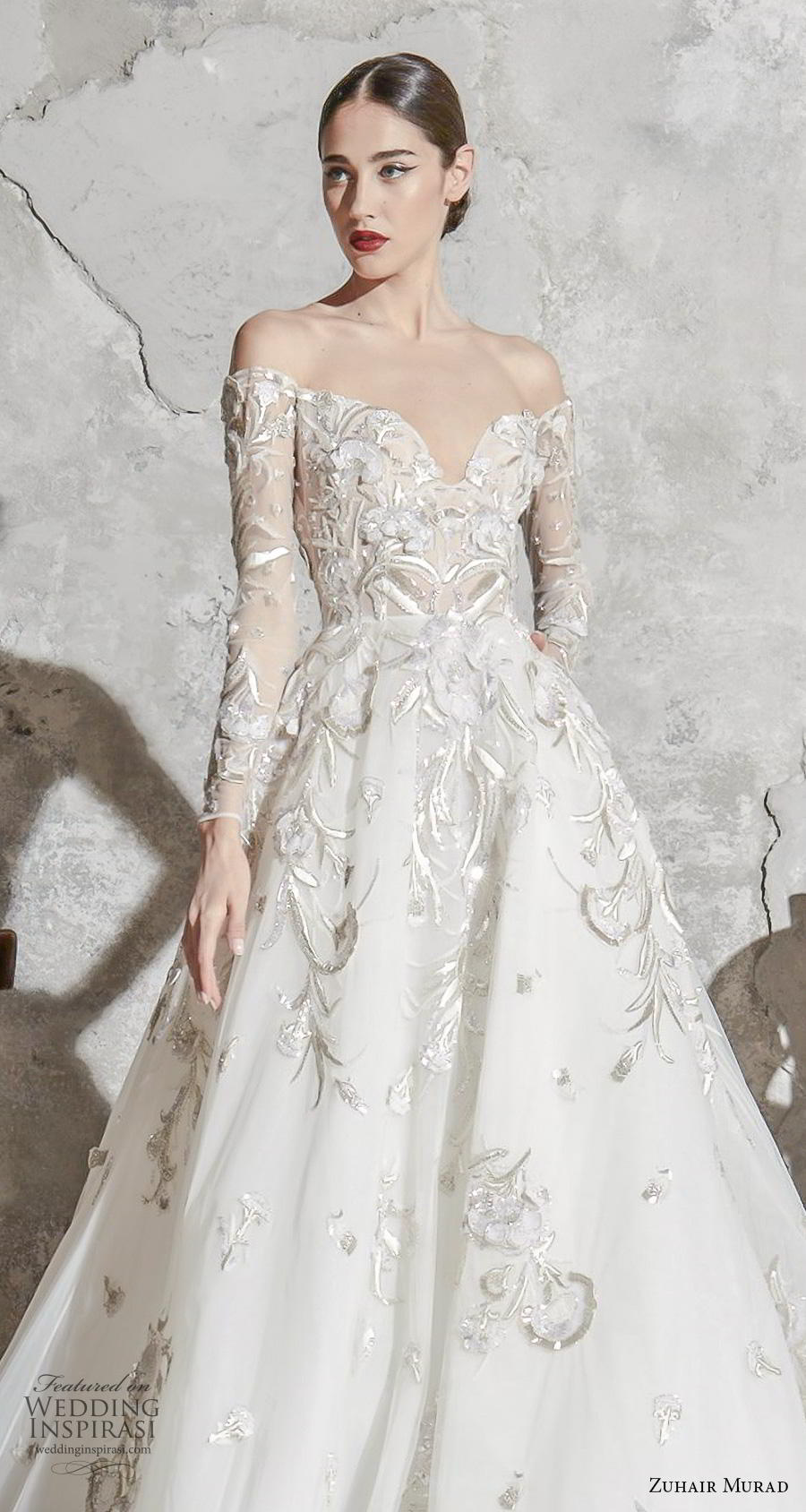 zuhair murad spring 2020 bridal long sleeves sweetheart neckline heavily embellished bodice elegant princess a  line wedding dress chapel train (2) zv