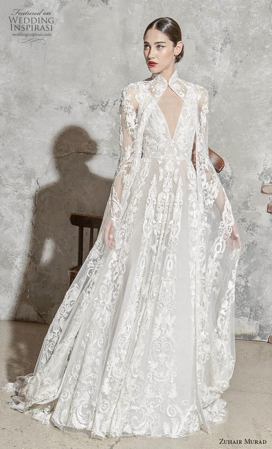 zuhair murad spring 2020 bridal sleeveless deep v neck full embellishment elegant princess a  line wedding dress with cape (8) mv