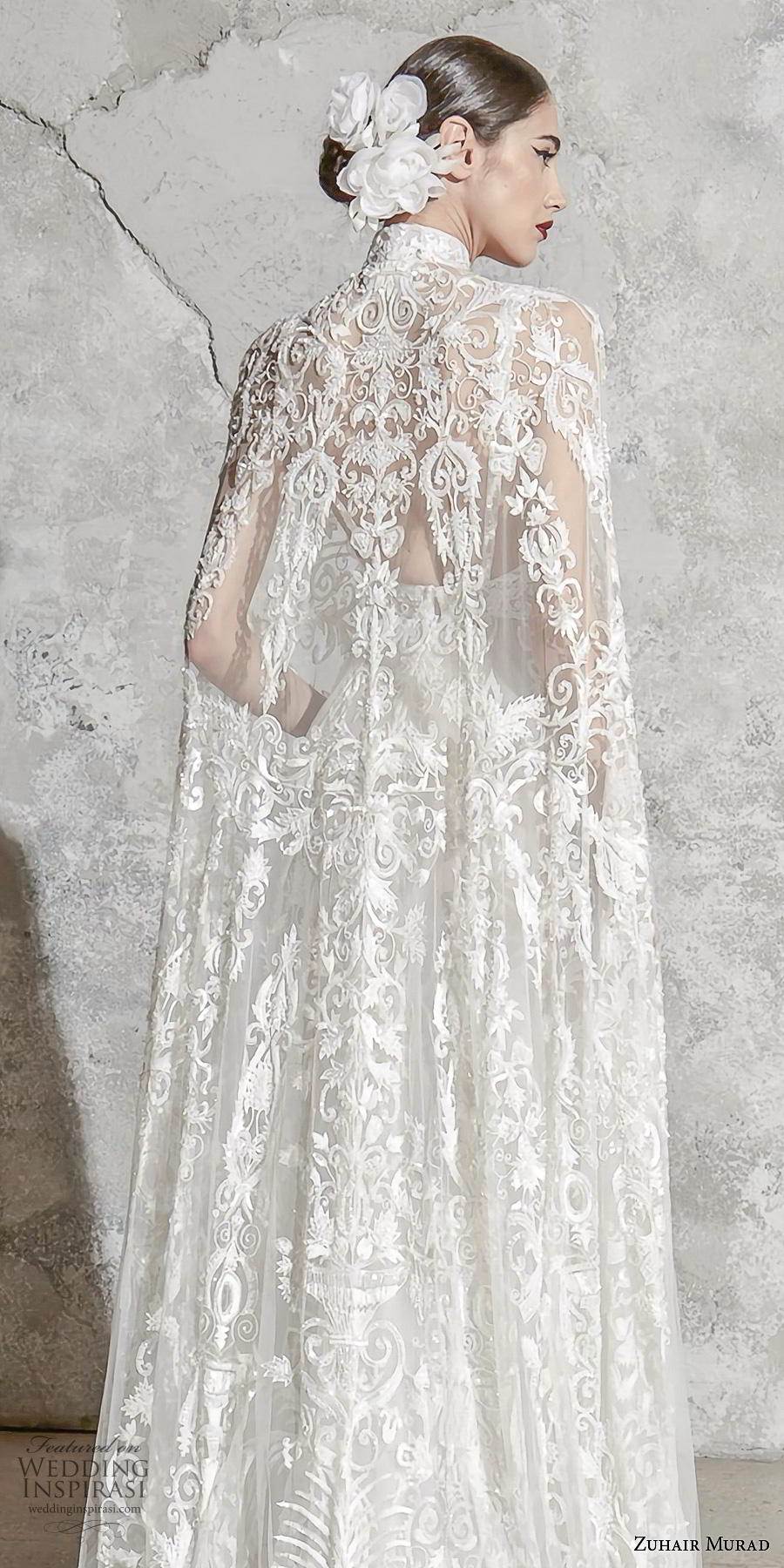 zuhair murad spring 2020 bridal sleeveless deep v neck full embellishment elegant princess a  line wedding dress with cape (8) zbv