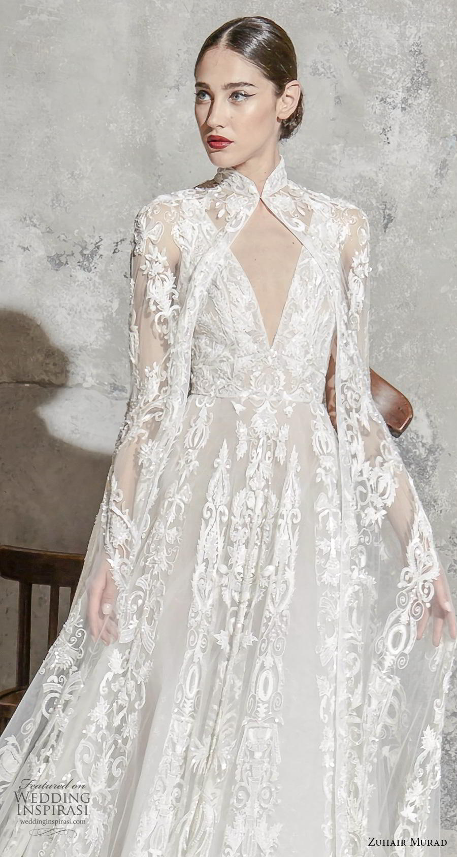 zuhair murad spring 2020 bridal sleeveless deep v neck full embellishment elegant princess a  line wedding dress with cape (8) zv