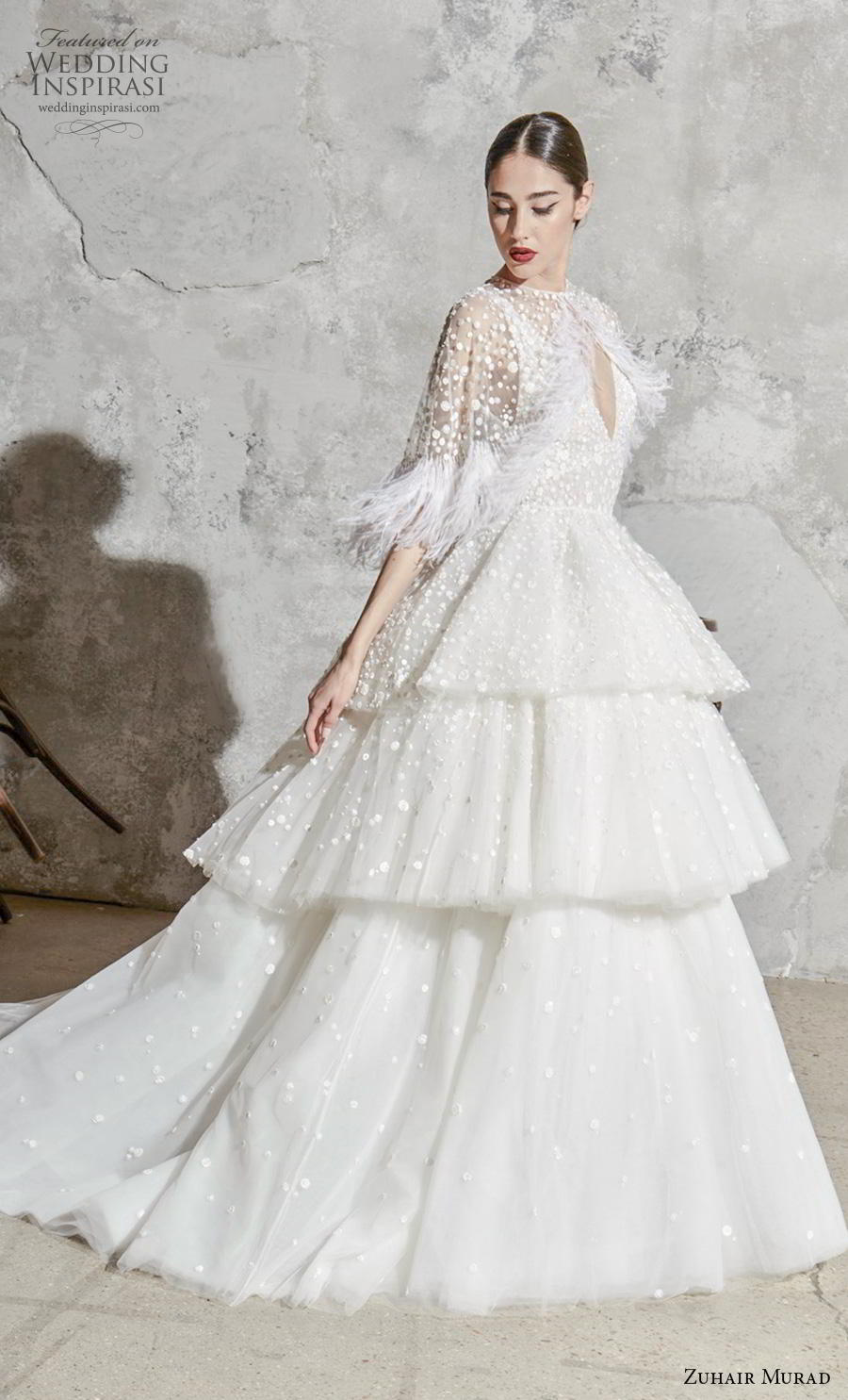 zuhair murad spring 2020 bridal sleeveless deep v neck heavily embellished bodice tiered skirt romantic princess ball gown a  line wedding dress chapel train (5) mv 