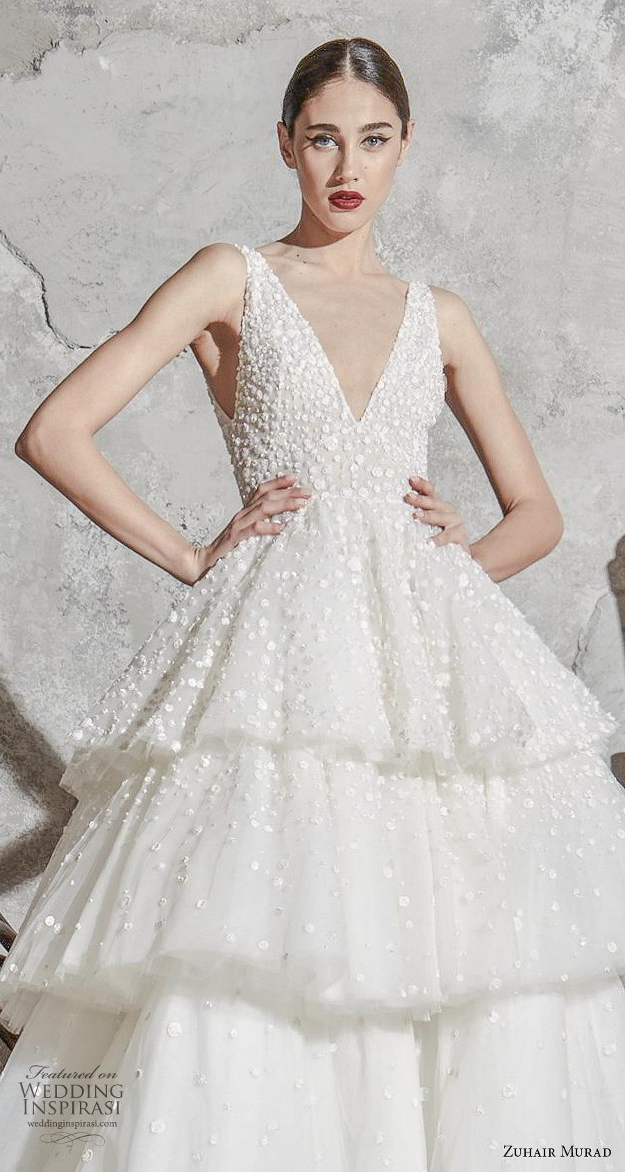 zuhair murad spring 2020 bridal sleeveless deep v neck heavily embellished bodice tiered skirt romantic princess ball gown a  line wedding dress chapel train (5) zv 