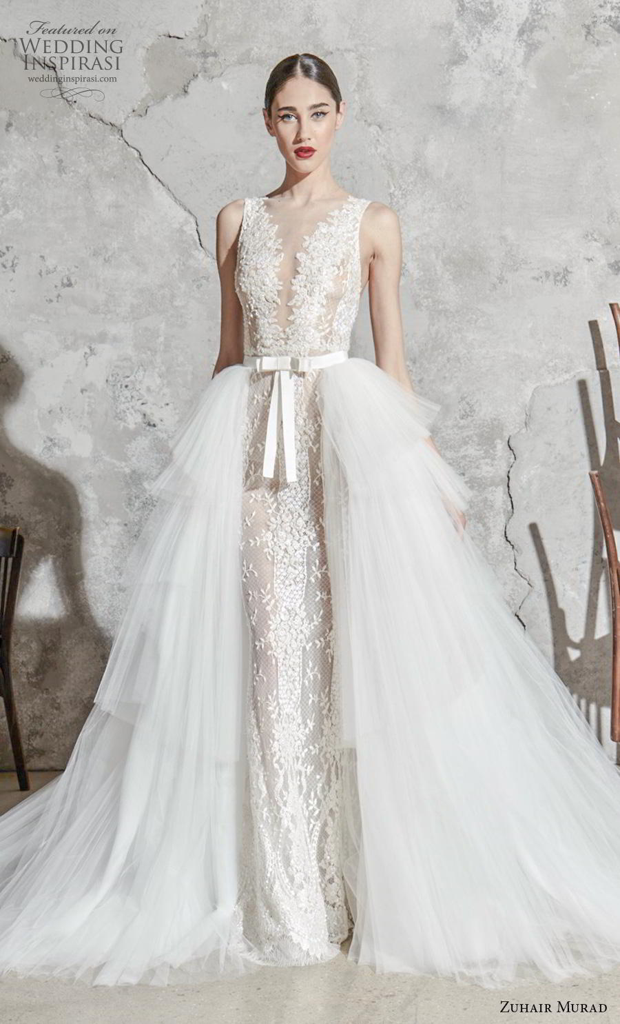 zuhair murad spring 2020 bridal sleeveless with strap illiusion jewel v neck full embellishment elegant fit and flare sheath wedding dress a  line overskirt chapel train (10) mv