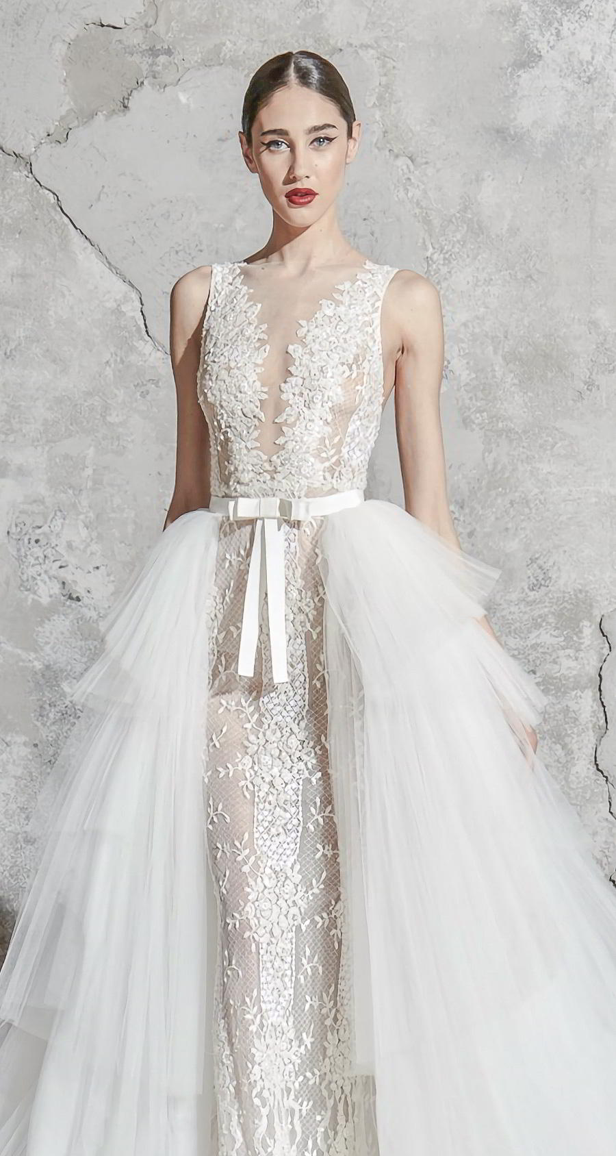 zuhair murad spring 2020 bridal sleeveless with strap illiusion jewel v neck full embellishment elegant fit and flare sheath wedding dress a  line overskirt chapel train (10) zv