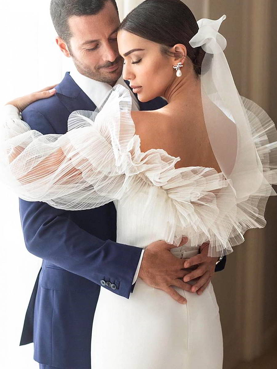 alon livne 2019 bridal real bride illusion long bishop sleeves off shoulder straight across neckline sheath wedding gown (1) bv