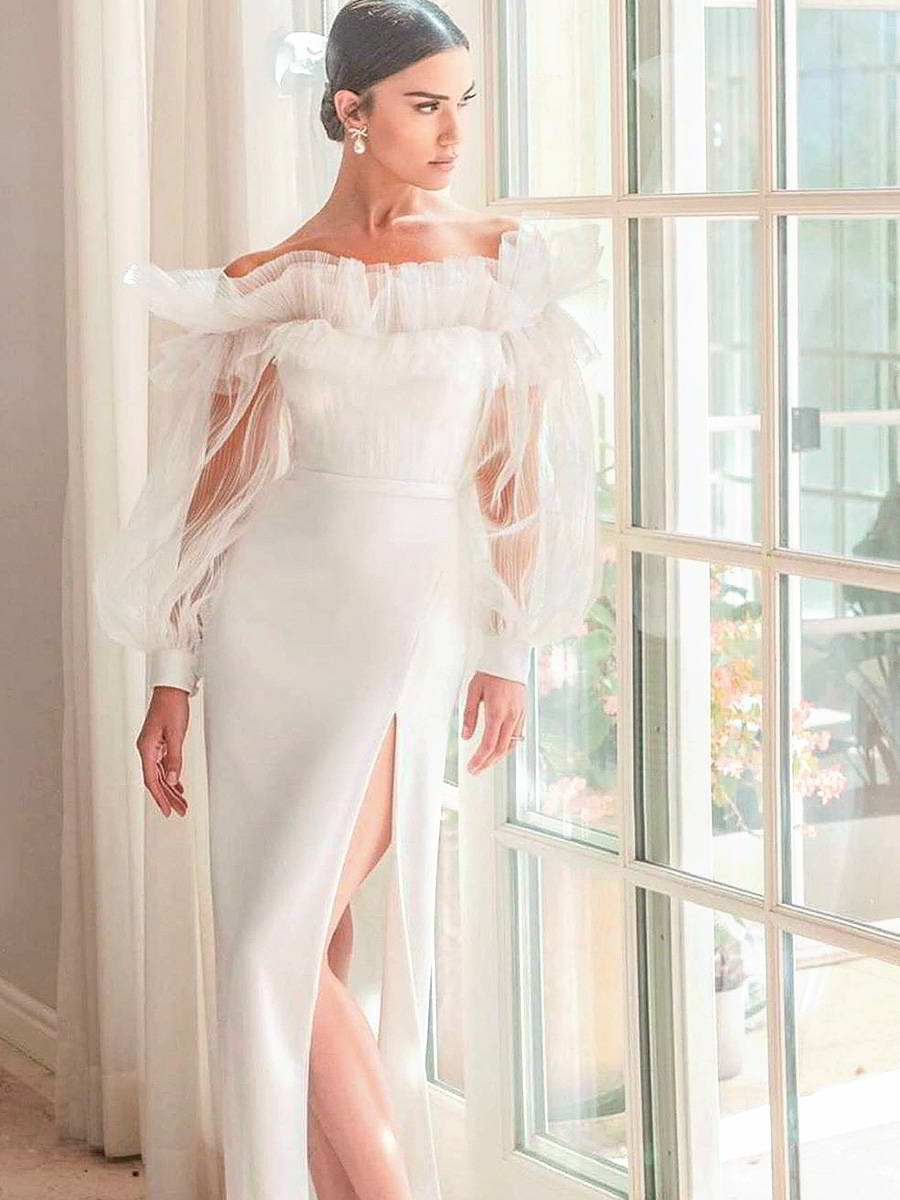 alon livne 2019 bridal real bride illusion long bishop sleeves off shoulder straight across neckline sheath wedding gown (1) mv