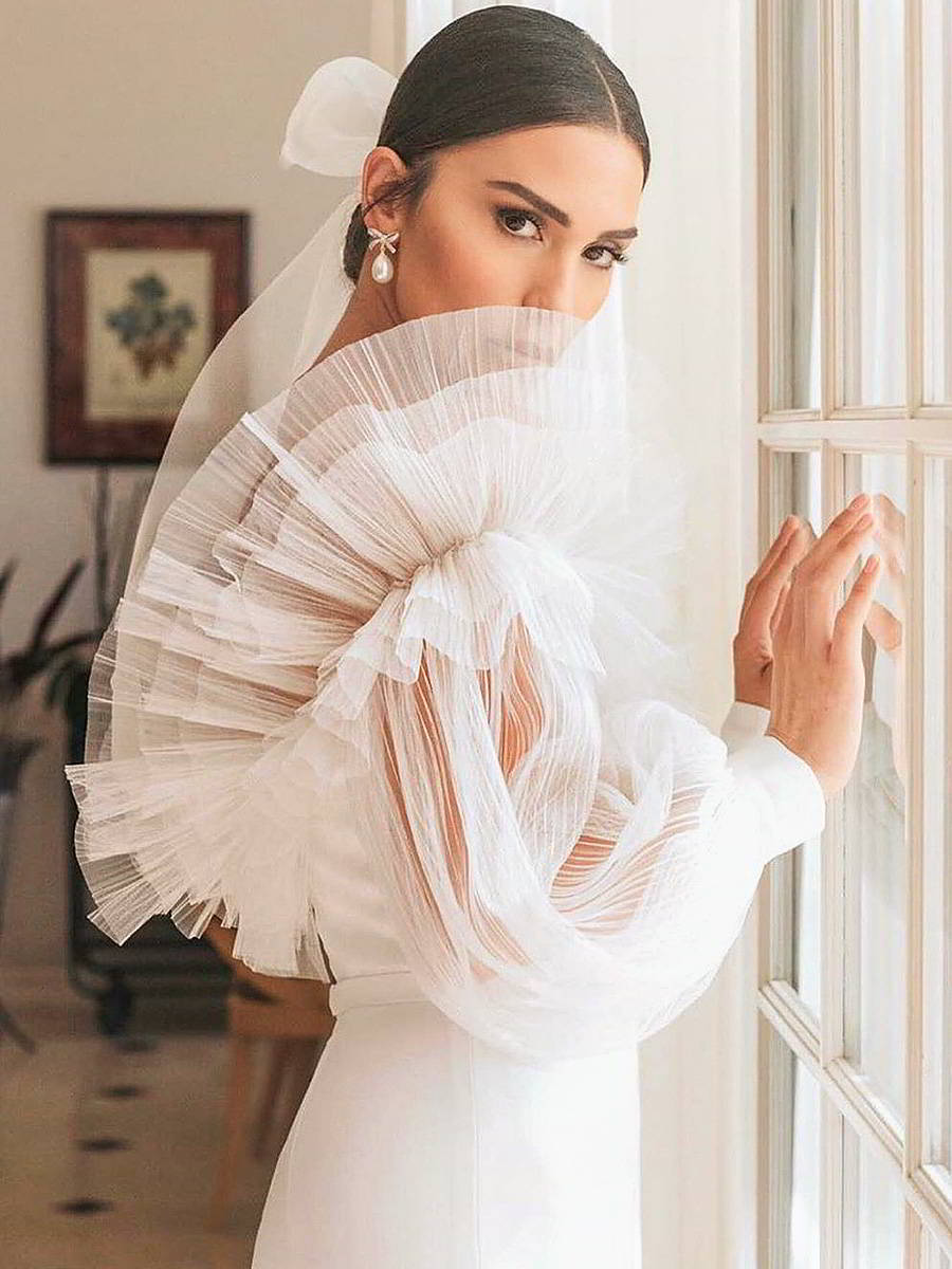 alon livne 2019 bridal real bride illusion long bishop sleeves off shoulder straight across neckline sheath wedding gown (1) sv