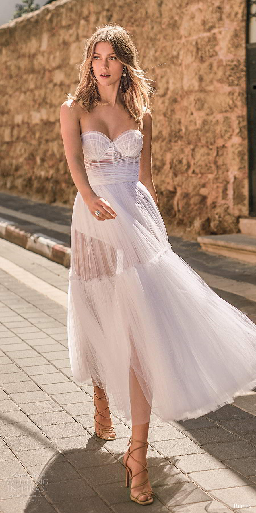 berta 2020 muse bridal strapless sweetheart ruched bodice tea length a line ball gown wedding dress sheer skirt (15) mv