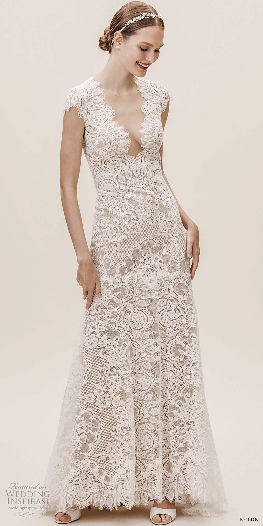 bhldn fall 20190 bridal cap sleeves plunging v neckline fully embellished lace fit flare a line wedding dress illusion keyhole back chapel train (7) mv