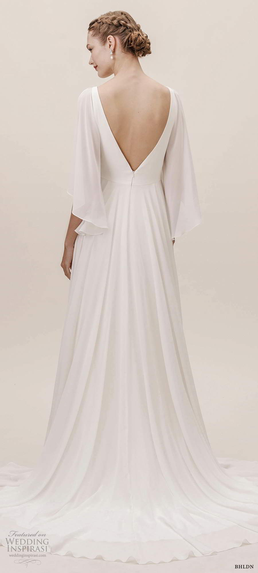 bhldn fall 20190 bridal elbow length flutter sleeves plunging v neckline ruched bodice a line wedding dress v back chapel train (11) bv