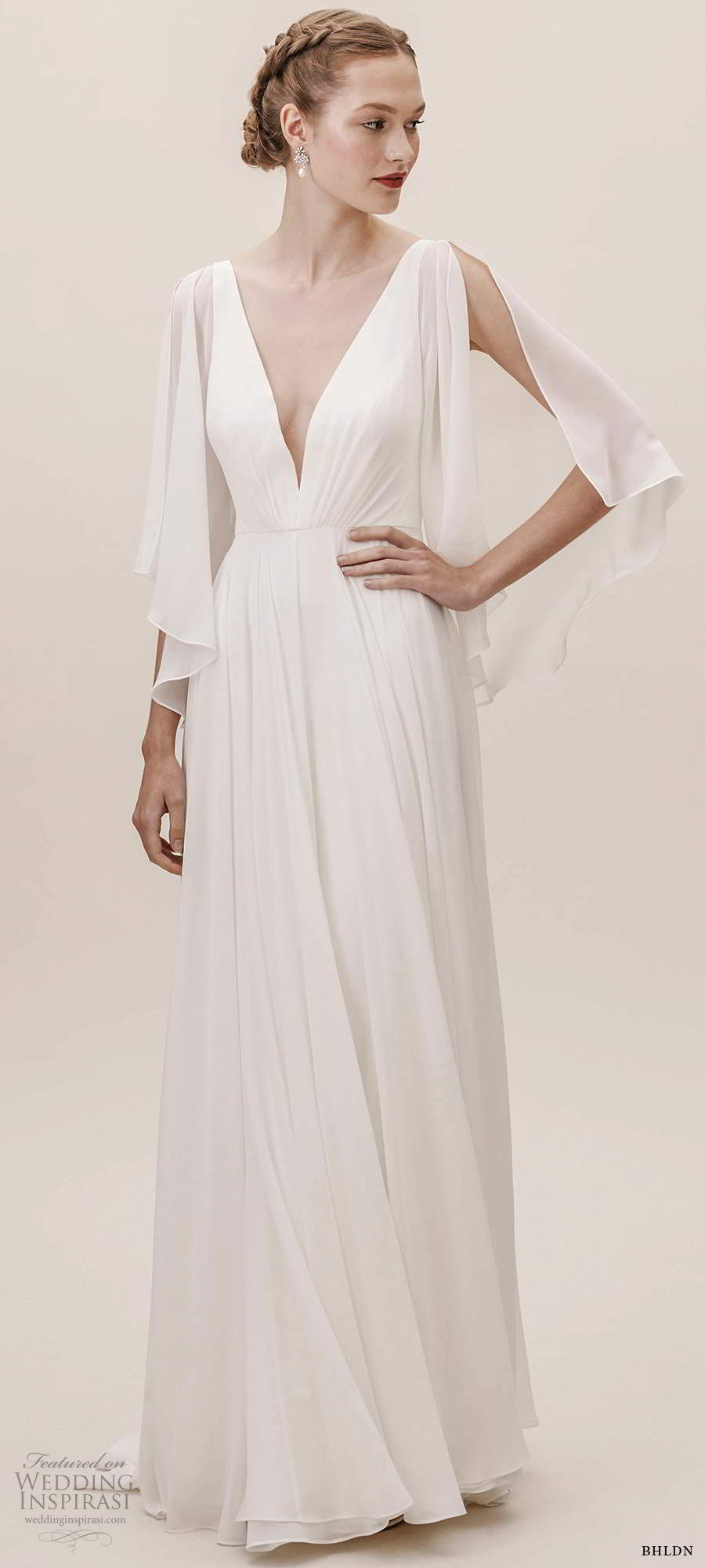 bhldn fall 20190 bridal elbow length flutter sleeves plunging v neckline ruched bodice a line wedding dress v back chapel train (11) mv