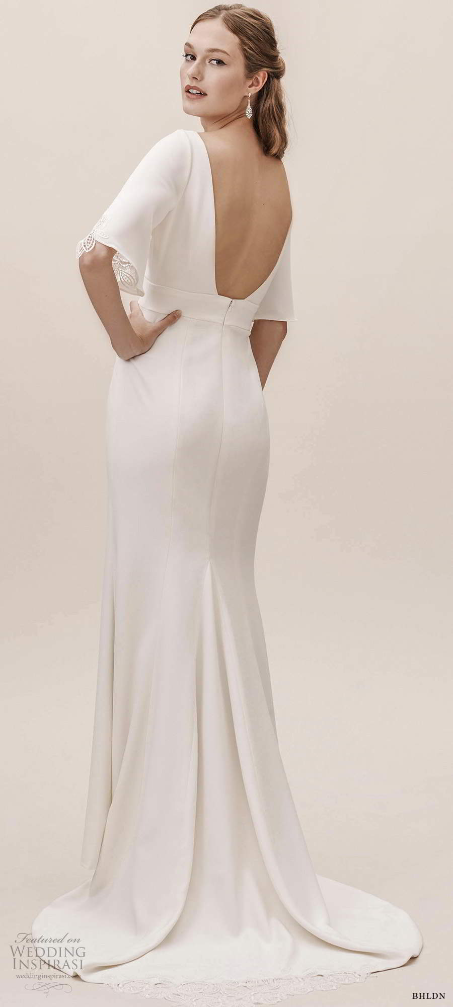 bhldn fall 20190 bridal elbow length pagoda sleeves v neckline clean minimalist sheath wedding dress scoop back chapel train (5) bv