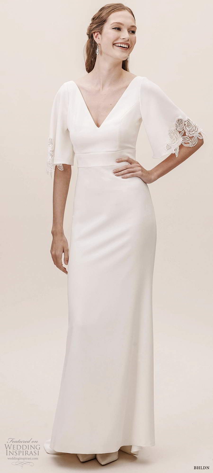 bhldn fall 20190 bridal elbow length pagoda sleeves v neckline clean minimalist sheath wedding dress scoop back chapel train (5) mv