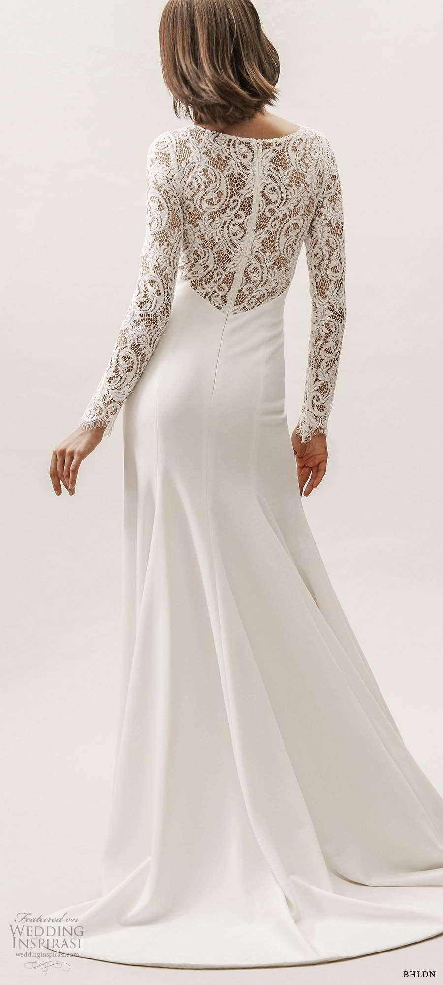 bhldn fall 20190 bridal lace long sleeves jewel neckline clean elegant fit flare a line wedding dress sheer back chapel train (8) bv