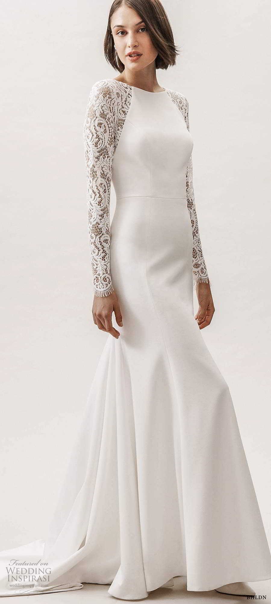 bhldn fall 20190 bridal lace long sleeves jewel neckline clean elegant fit flare a line wedding dress sheer back chapel train (8) mv