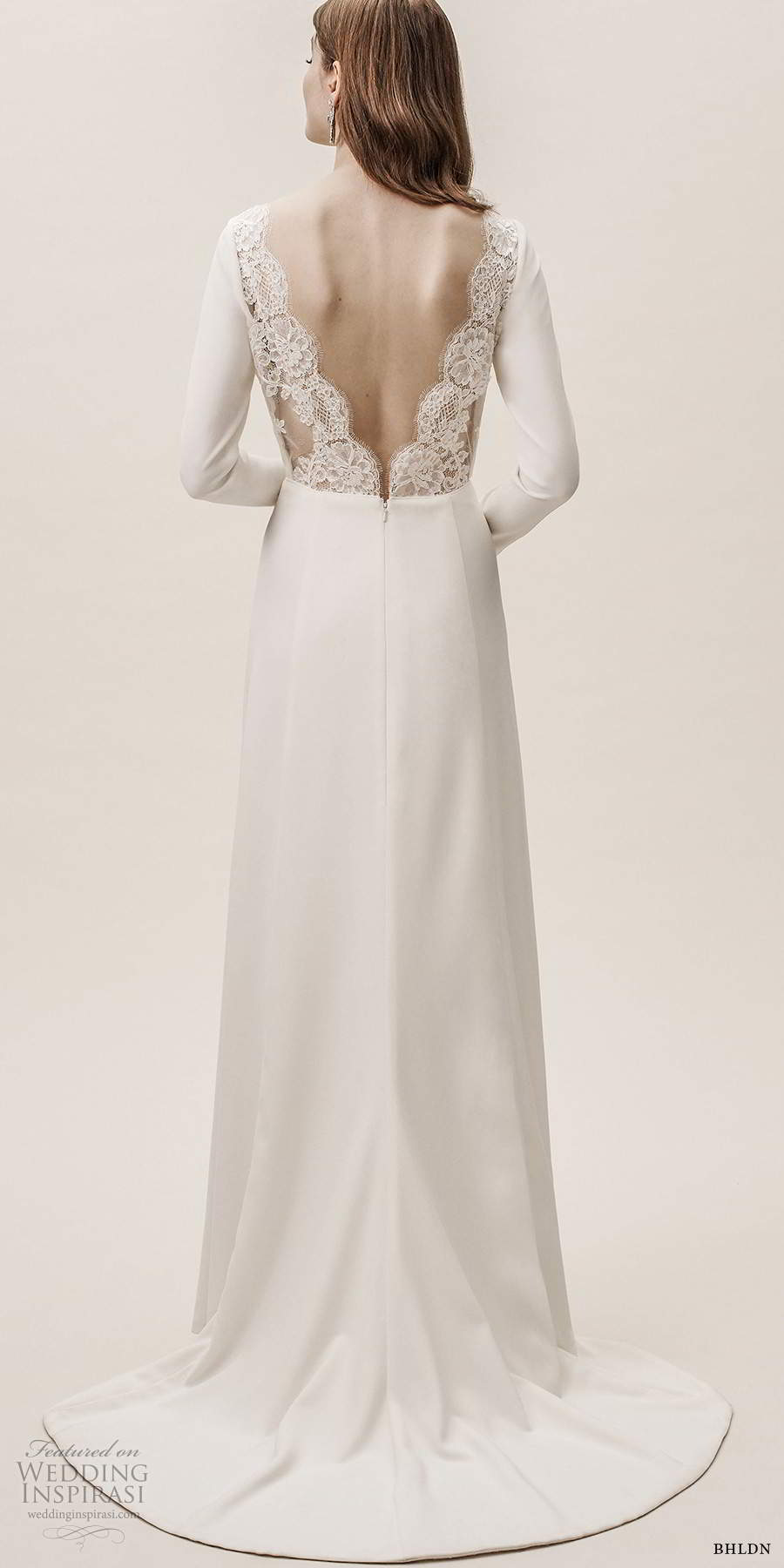 bhldn fall 20190 bridal long sleeves bateau neckline clean minimalist slit skirt a line wedding dress v back chapel train (9) bv