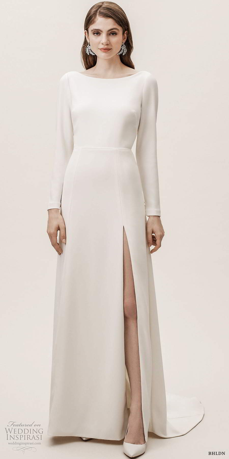 bhldn fall 20190 bridal long sleeves bateau neckline clean minimalist slit skirt a line wedding dress v back chapel train (9) mv