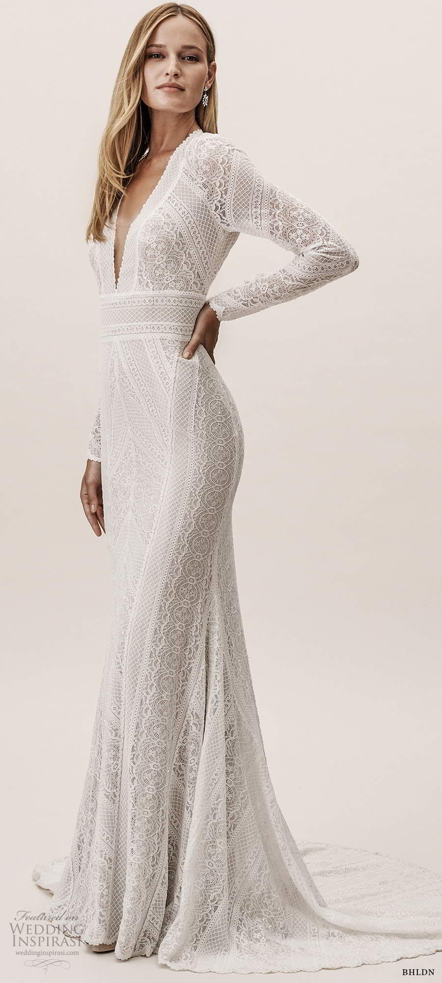 bhldn fall 20190 bridal long sleeves plunging v neckline fully embellished lace sheath mermaid wedding dress chapel train (3) mv