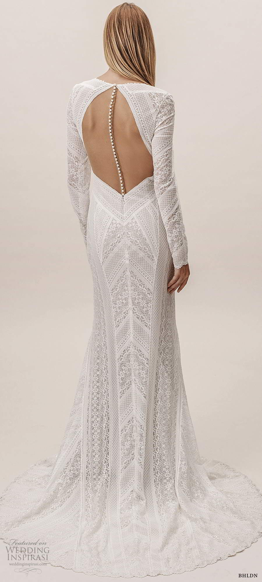 bhldn fall 20190 bridal long sleeves plunging v neckline fully embellished lace sheath mermaid wedding dress illusion keyhole chapel train (3) bv