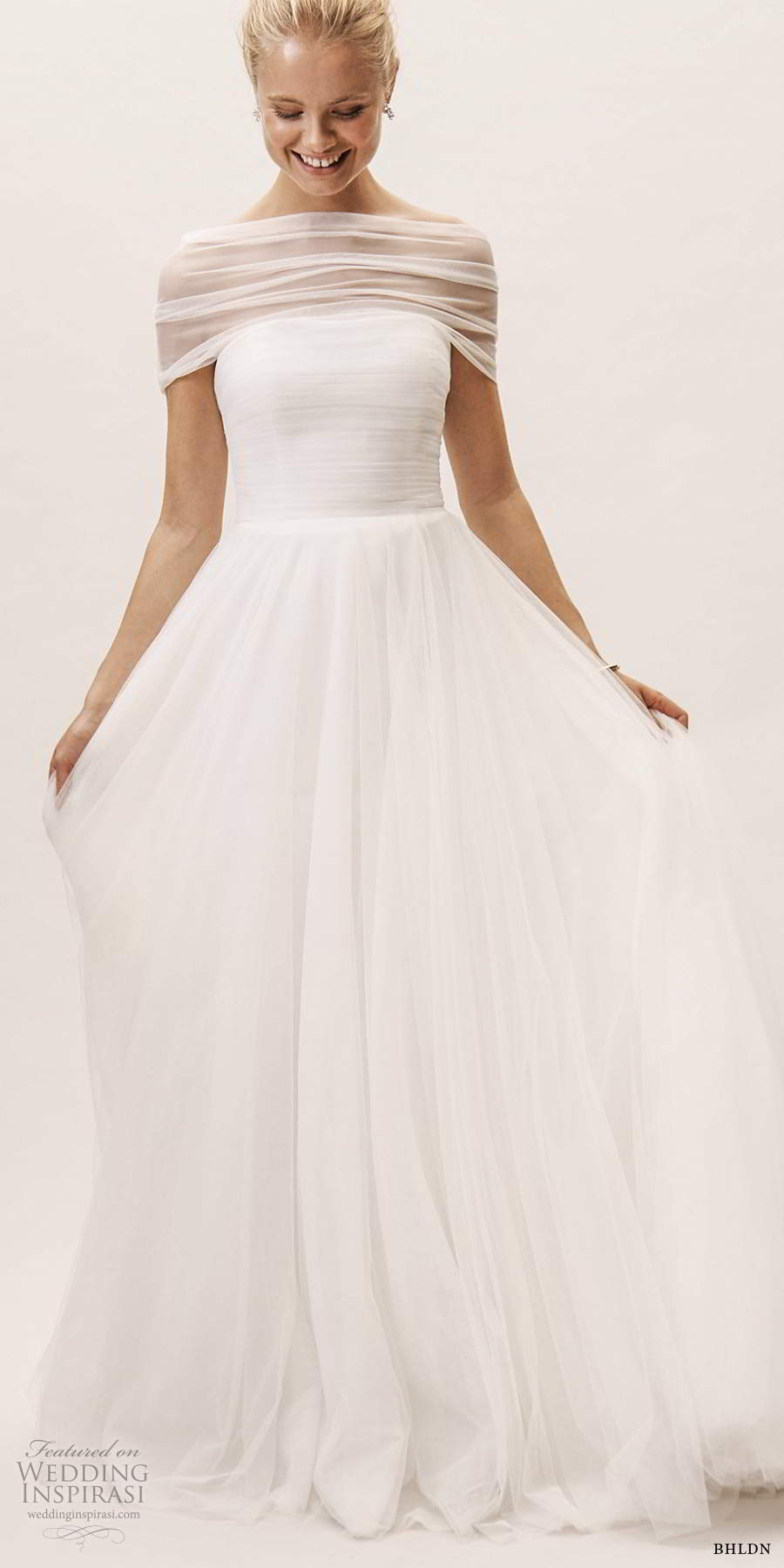 bhldn fall 20190 bridal sheer bateau neck shrung strapless semi sweetheart ruchec bodice clean skirt a line ball gown wedding dress bow back sweep train (2) mv