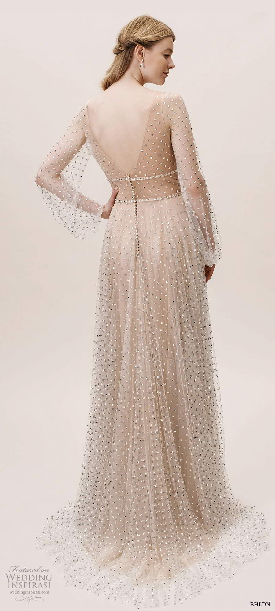 bhldn fall 20190 bridal sheer bishop sleeves illusion plunging v neck sweetheart neckline fully embellished a line wedding dress v back sweep train (1) bv