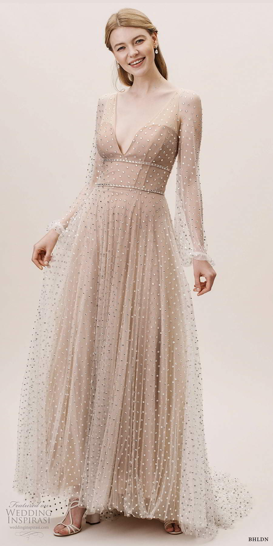 bhldn fall 20190 bridal sheer bishop sleeves illusion plunging v neck sweetheart neckline fully embellished a line wedding dress v back sweep train (1) mv