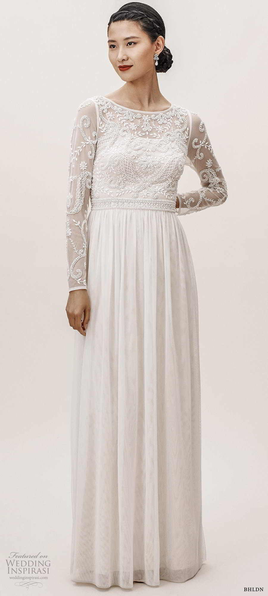 bhldn fall 20190 bridal sheer long sleeves bateau neckline embellished bodice romantic boho chic a line wedding dress (10) mv