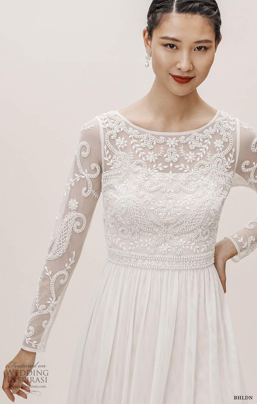 bhldn fall 20190 bridal sheer long sleeves bateau neckline embellished bodice romantic boho chic a line wedding dress (10) zv