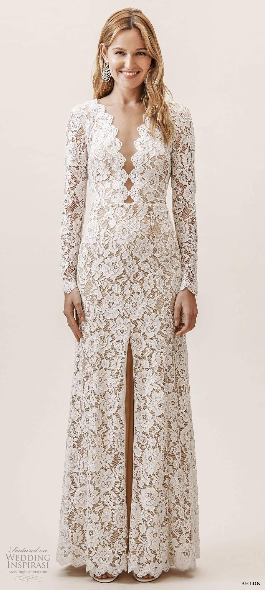 bhldn fall 20190 bridal sheer long sleeves plunging v neckline fully embellished lace elegant sheath modified a line wedding dress slit skirt (4) mv