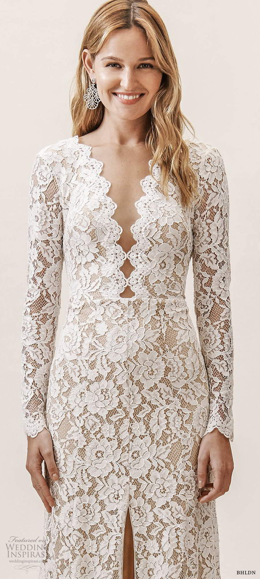 bhldn fall 20190 bridal sheer long sleeves plunging v neckline fully embellished lace elegant sheath modified a line wedding dress slit skirt (4) zv