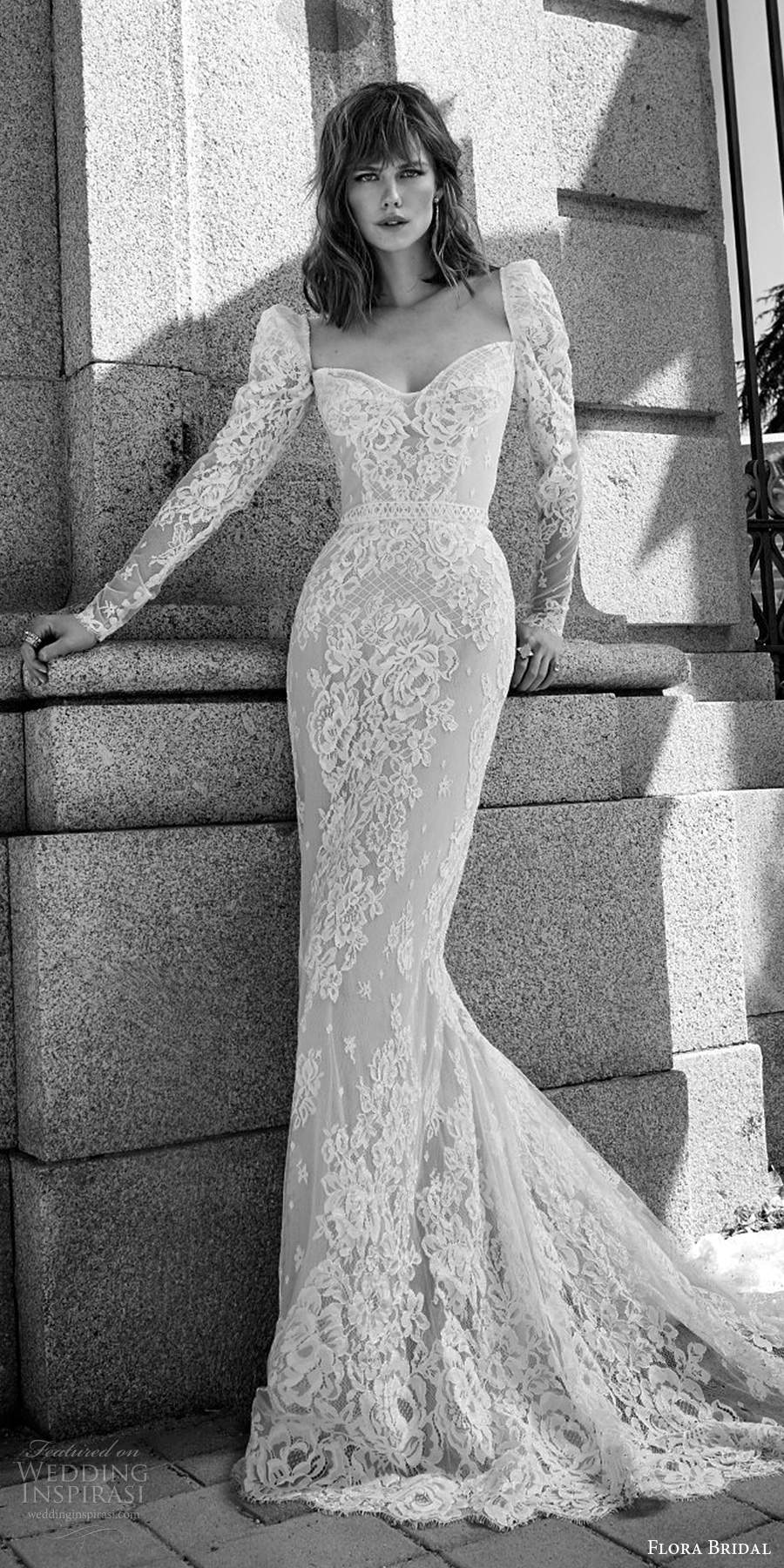 flora bridal 2020 bridal sheer long puff sleeves sweetheart neckline fully embellished lace elegant sheath wedding dress chapel train (10) mv