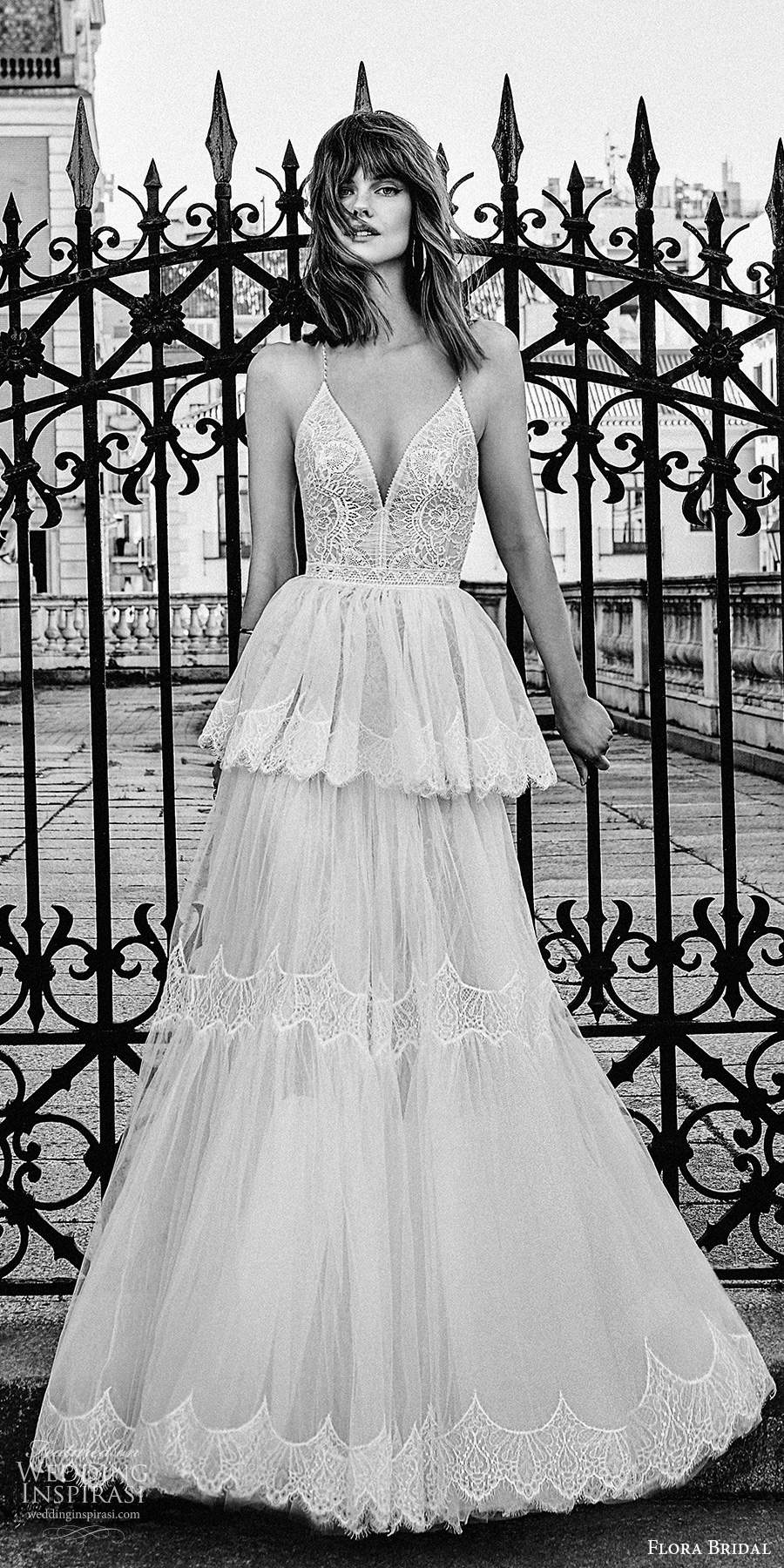 flora bridal 2020 bridal sleeveless thin straps plunging v neckline fully embellished lace sheath wedding dress tiered sheer a line overskirt chapel train (5) mv
